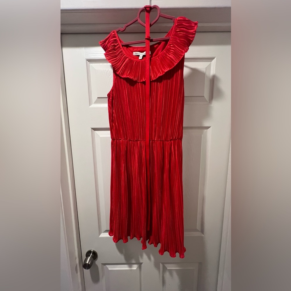 Red ruffle dress with collar with red belt by seamline cynthia steffe